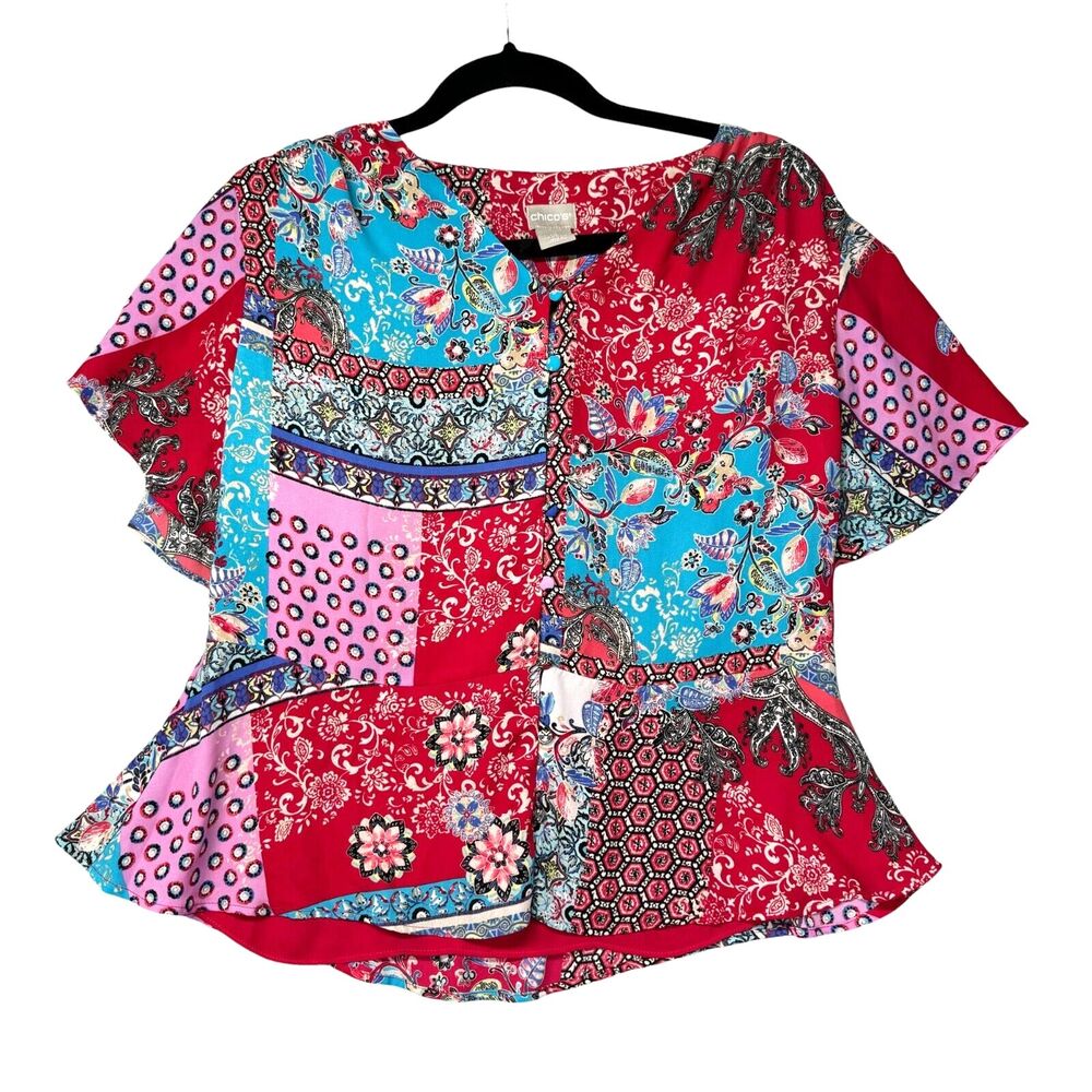 Chicos Top Women's 0P Petite Red Floral Patchwork Peplum Flutter Sleeve Lined